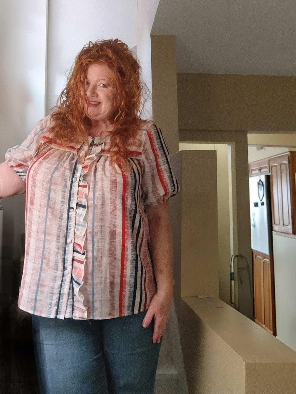 Posh Boutique Striped Button Front Smock Style Top; Red, Navy Blue, Rust & Cream - Picture 10 of 13